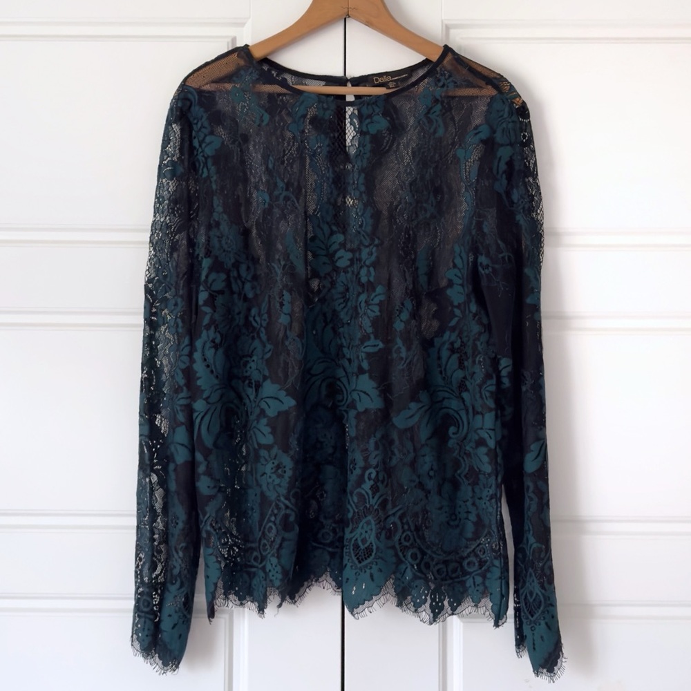 Dalia Floral Lace Top Large Black Green Sheer Whimsigoth Fairy Grunge Witchy